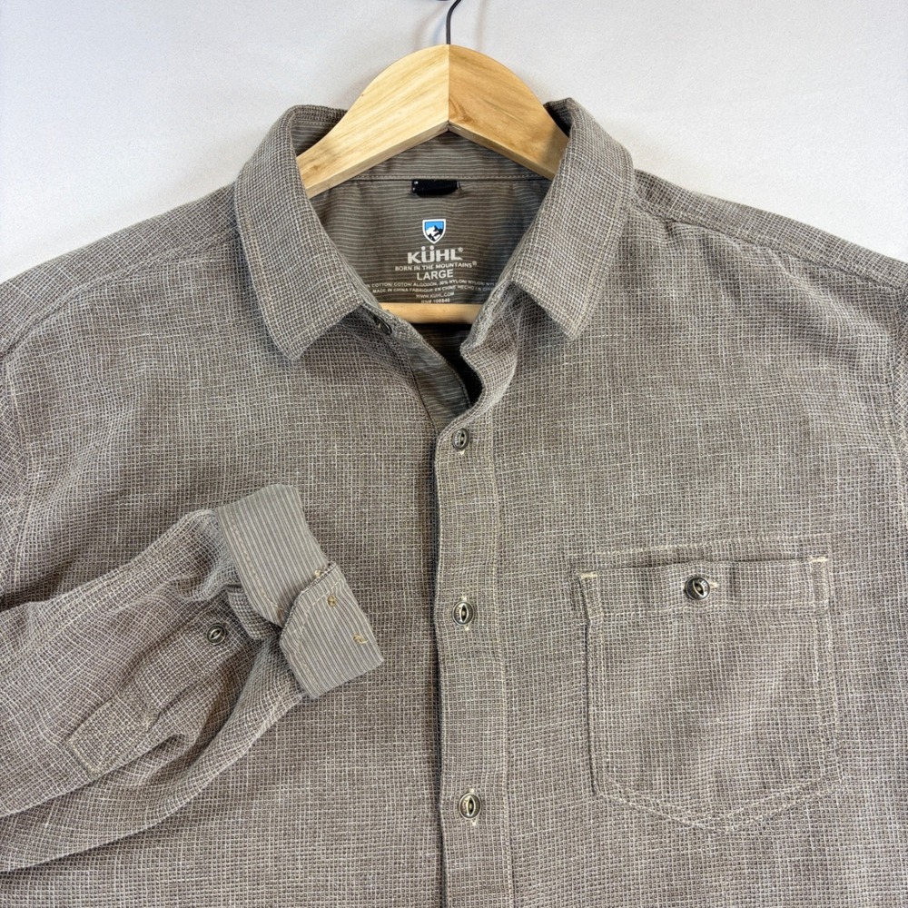 Kuhl Uproar Shirt Mens L Brown Textured 5 Panel Sleeve Hiking Outdoor Button Up